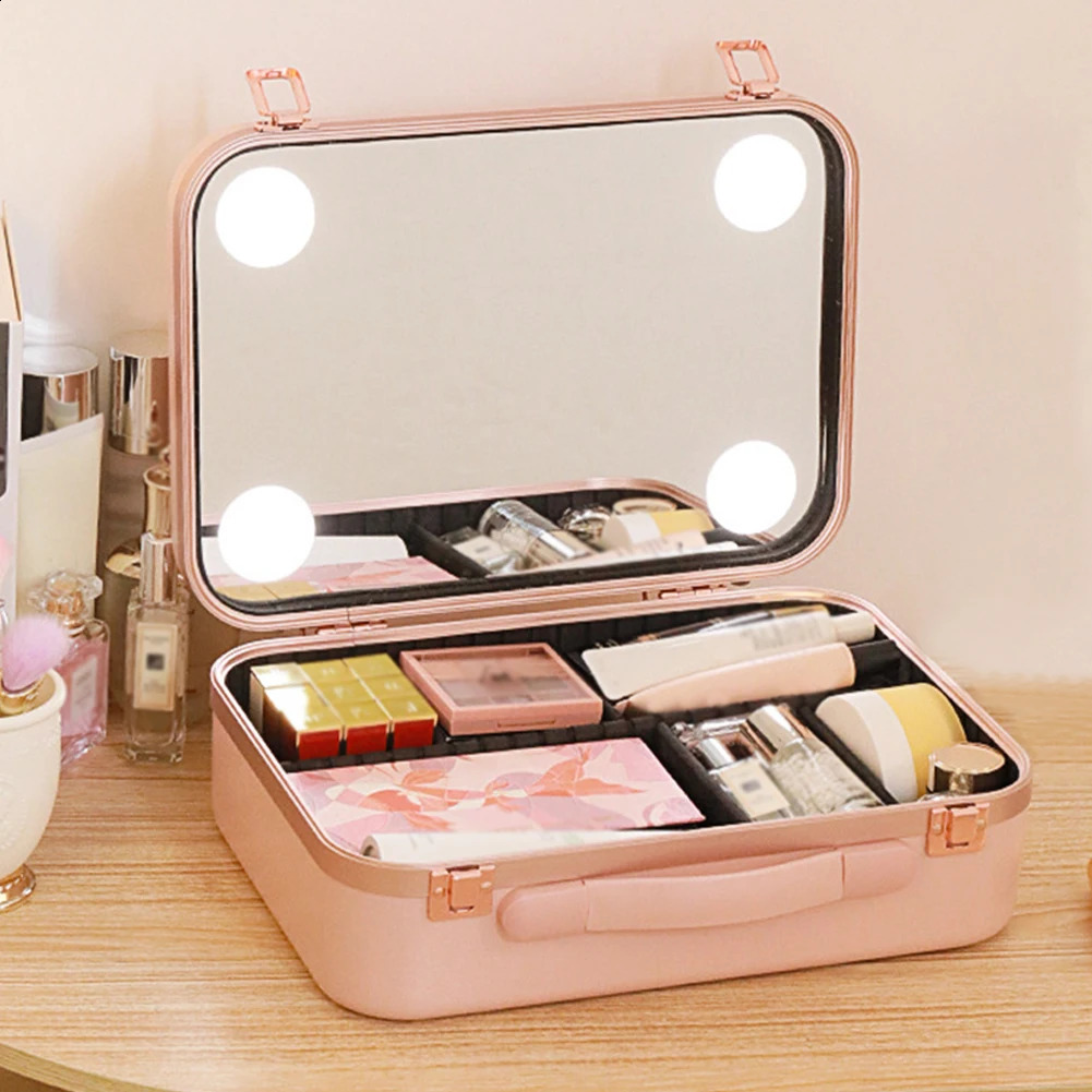Smart LED Makeup Bag With Mirror Large Capacity Compartments Waterproof PU Leather Travel Cosmetic Case For Women 241226