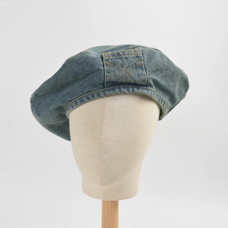 Vintage Solid Color Beret for Women with Washed-out Effect Unique Pocket Denim Berets Casual Style Spring Autumn Hats 241226