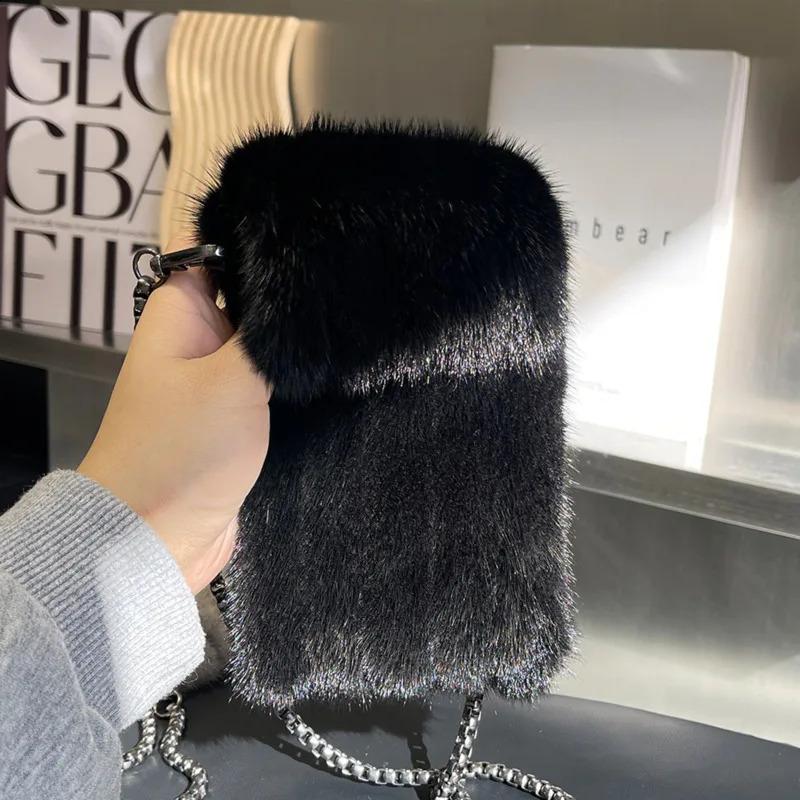 Real Mink Fur Bag Crossbody Bags For Women Phone Bag Lady Shoulder Bags Real Fur Bag Female Messenger Bag Winter Handbag Ladies241226bj