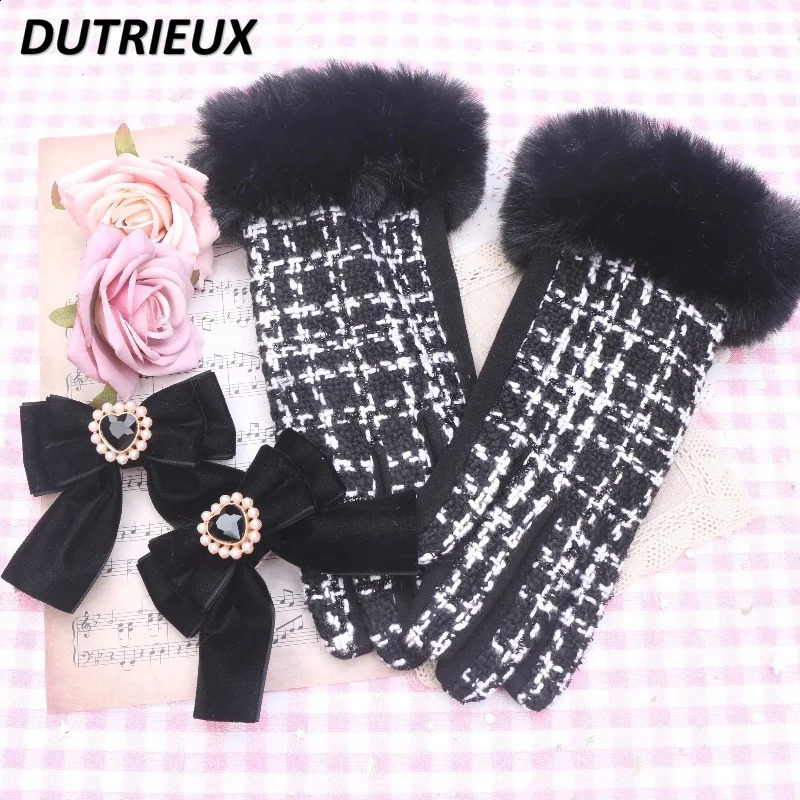 Sweet Lady Elegant Sweet Cute Velvet Bow Decoration Girls Finger Gloves Female Autumn Winter Womens Accessories 241226