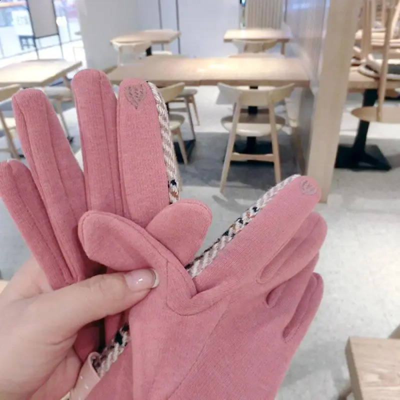 Woolen PU Leather Striped Wool Gloves Korean Version Of Autumn And Winter Button Girl Finger Thick Five-finger Gloves 241226