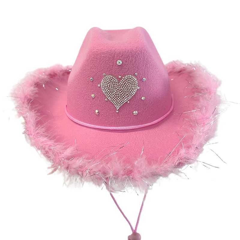 Womens denim hat Rhinestone heart-shaped fuzzy decoration wide Brim C for Fiancee shower bachelor party denim hat W241225