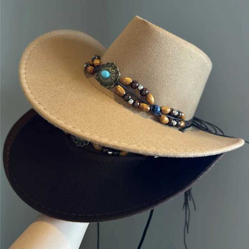 Retro turquoise decorated Western cowboy hat summer new style large brimmed wide border sun hat W241225