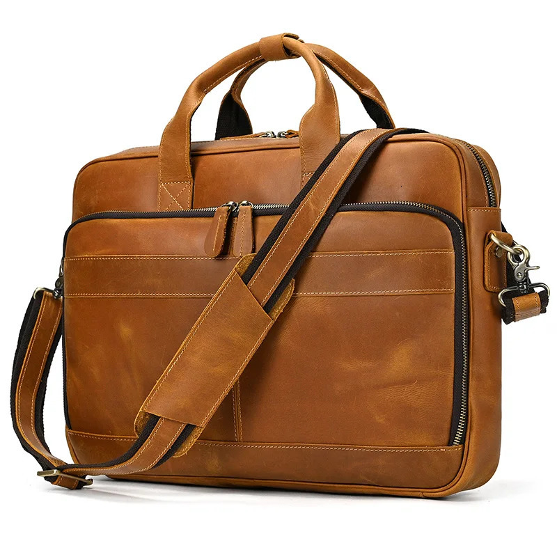Crazy Horse Genuine Leather Briefcase For Man 16 inch PC Cow Leather Male Messenger Shoulder Bags Laptop Business Office Handbag 241225