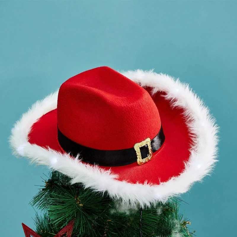 Christmas Cowboy Hat Womens Felt Cowboy Hat Party Glitter Christmas Hat Mens Role Playing LED Light Hat W241225