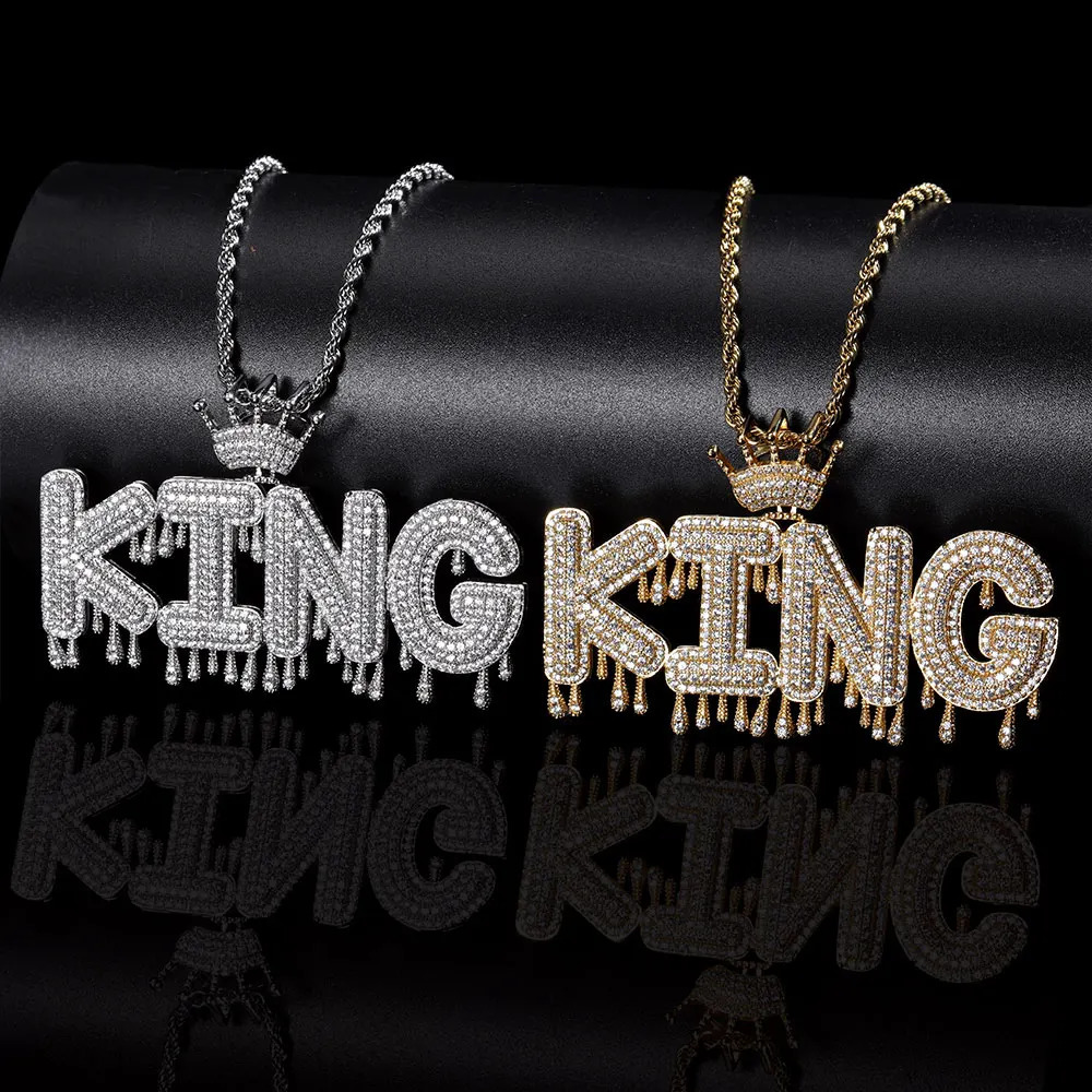 Bling Hip Hop Cubic Zircon Customize Initial Name Letter Crown Water Drop Pendant Necklace Jewelry 241226