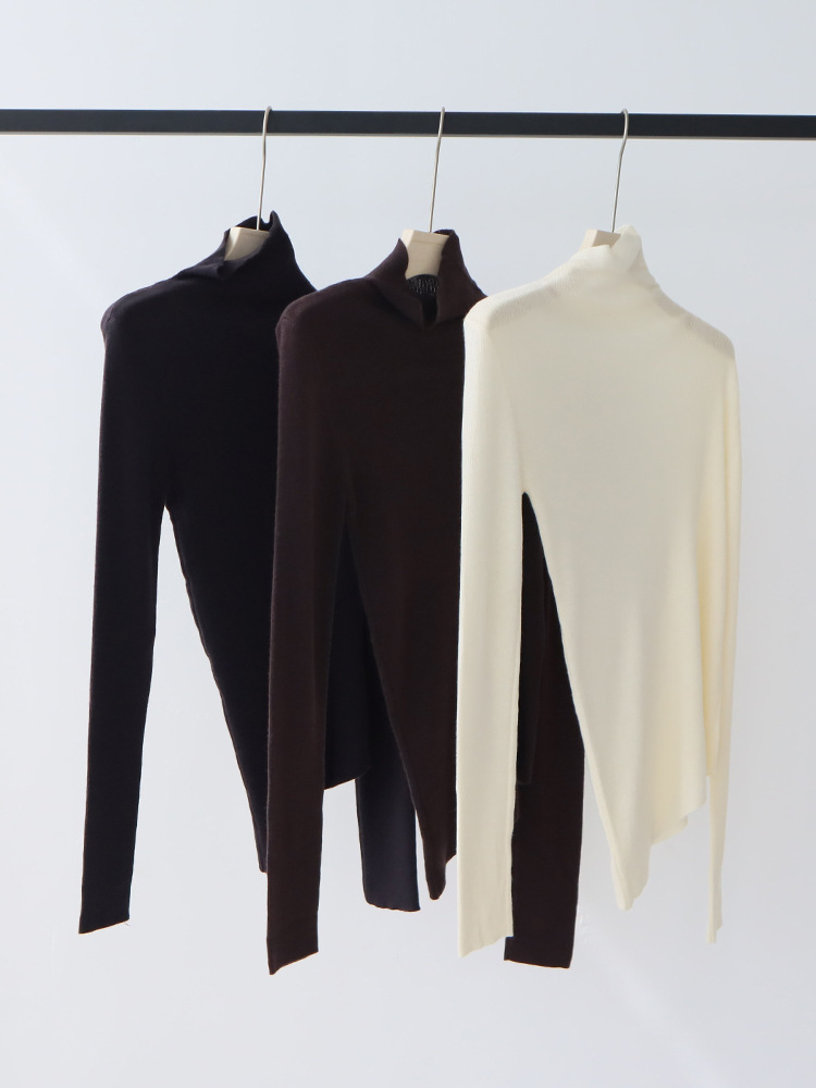 9484v1 Luxurious Asymmetric High Neck Wool Blend Sweater with Beveled Edges Perfect for Cold Seasons