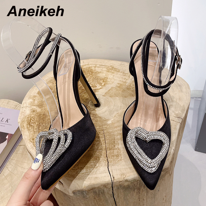 Aneikeh Fashion Runway Style Glitter Rhies Women Pumps Crystal Heart Shape Buckle Summer Lady High Heels Party Prom Shoes