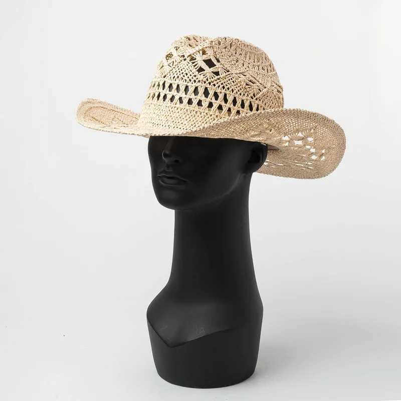 Cowboy Summer Mens Hat Western Hollow Handmade Str Jazz Sun Hat Beach Womens Cowboy Girl C Hot Pink Solid Sombrero Hombre W241225