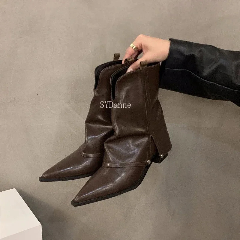 Spring Autumn Chunky Heel Pointed Toe Boots Short Boots Womens Shoes Brown Cowboy Boots Goth Shoes Ladies Shoes 241226