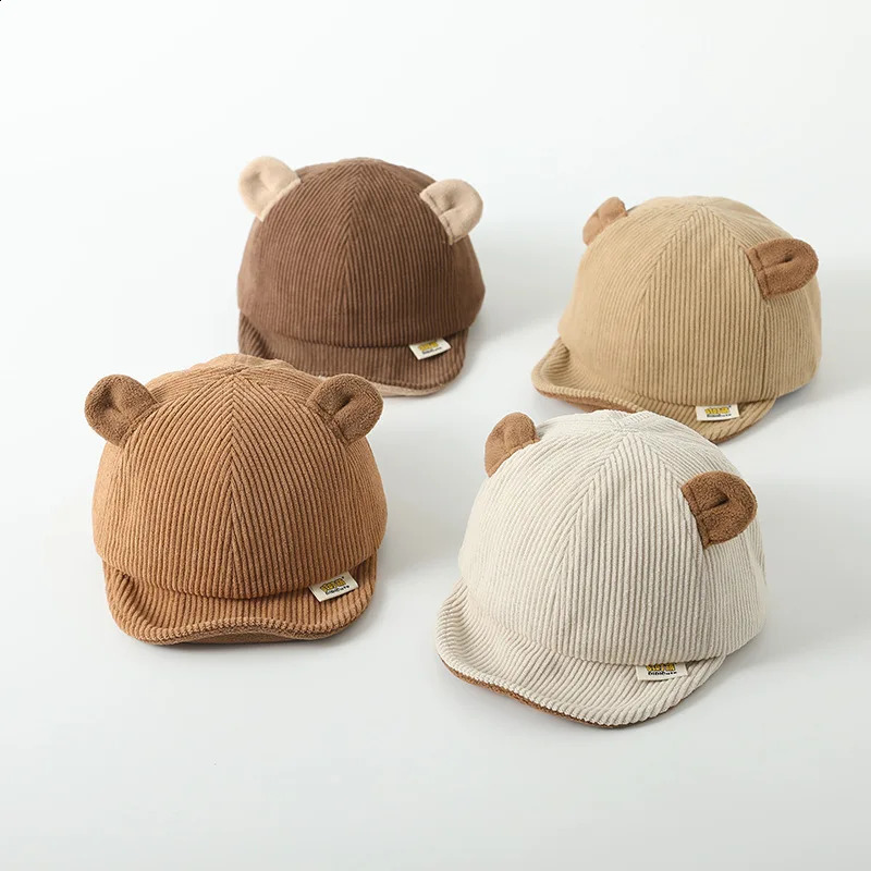 Cartoon Bear Ear Baby Peaked Cap Cute Autumn Winter Corduroy Baseball Hat For Infant Boy Girl Soft Brim Sun Hats 241225