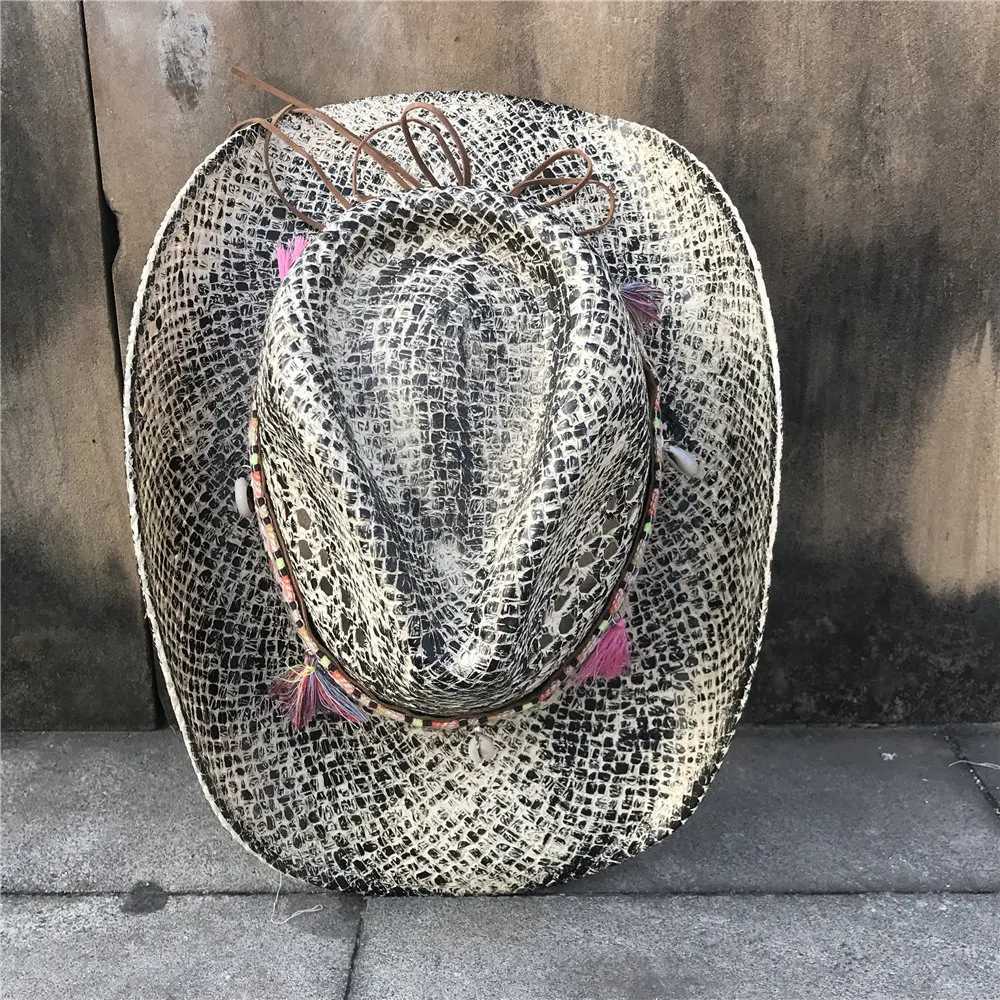 Womens Str Hollow Western Cowboy Hat Elegant La Tassel Sombrero Hombre Hat Charm Sunbonnet Cowboy Hat W241225