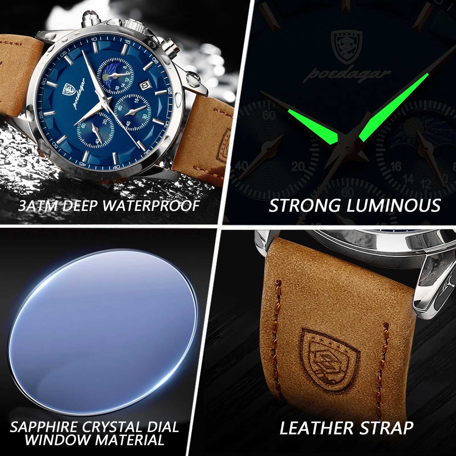 New Arrival POEDAGAR Casual Mens Watches Trend Fashion Quartz Watch for Man Waterpoof Leather Strap Luminous Date Chronograph New Z241226