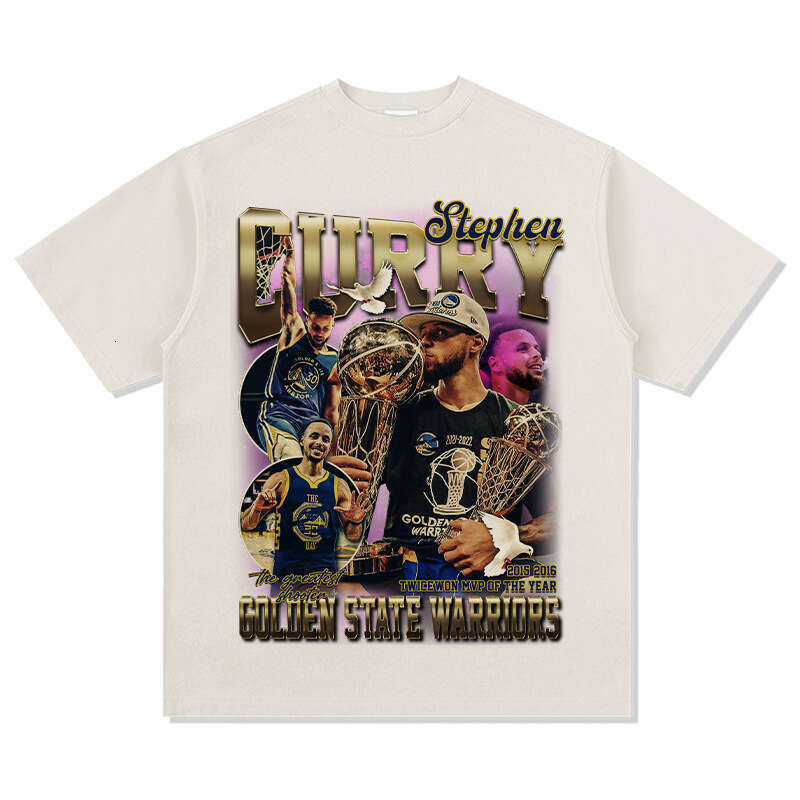 Curry Printed American High Street Long Short Sleeve Loose Washable Old Cotton T-shirt