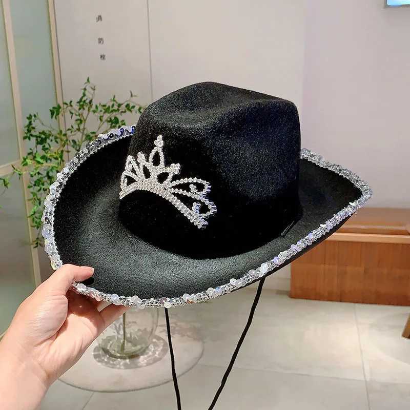 KAMMPT Wide Brim Pink Cowboy Hat Cowboy Girls Party Carnival Western Hat Fashion Shining Crown Glitter Feather Cs W241225