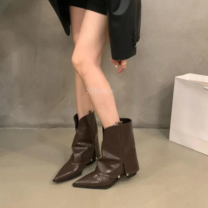 Spring Autumn Chunky Heel Pointed Toe Boots Short Boots Womens Shoes Brown Cowboy Boots Goth Shoes Ladies Shoes 241226