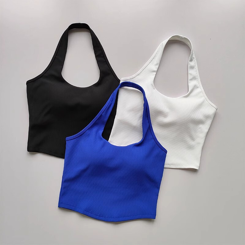 2023 Summer Sexy Sports Rib Sport Top Underwear Women's Running Gathered Hanging Neck Fiess Vest Fixed Padded Yoga Bra