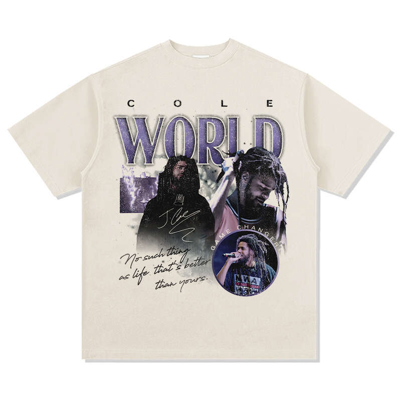 Hip hop J Cole printed short sleeved T-shirt Vintage washed pure cotton round neck hooded sweatshirt