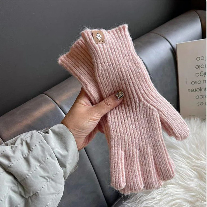 Touchscreen Wool Knitted Gloves For Girls Outdoor Womens Winter Gloves Winterproof Warm Solid Color Open Fingers Gloves 2025 241226
