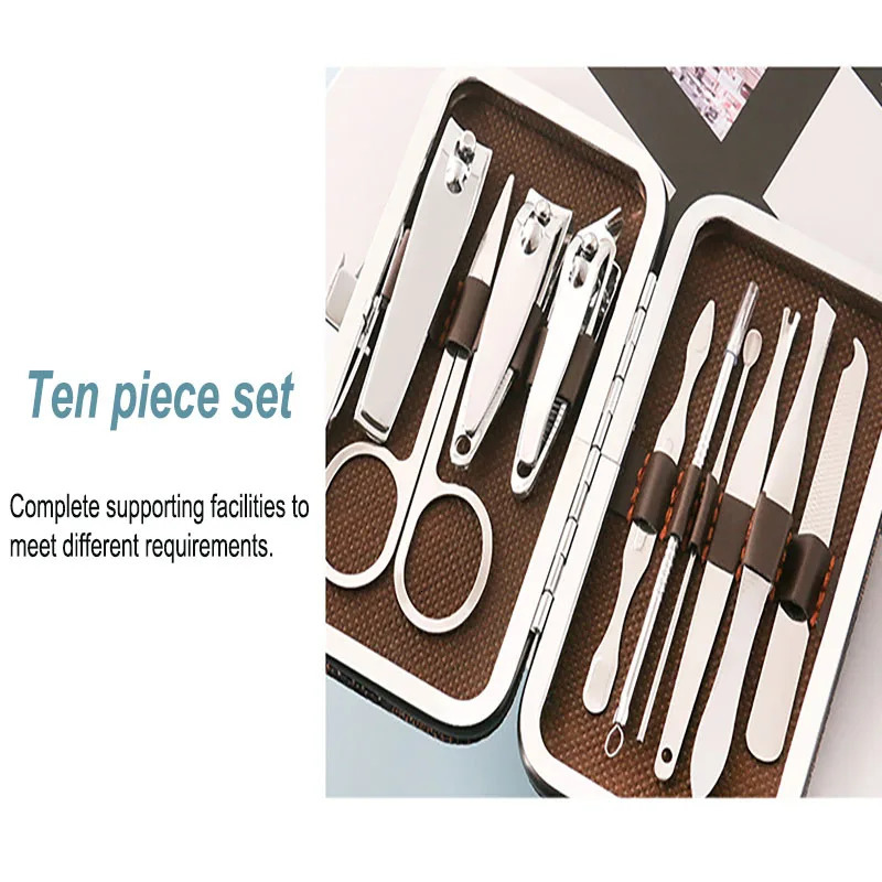 10pcs Nail Clipper Manicure Set Leather Box Stainless Steel Manicure Kit Home Nail Care Tools Portable kit Gift Nail Clipper Set 241225