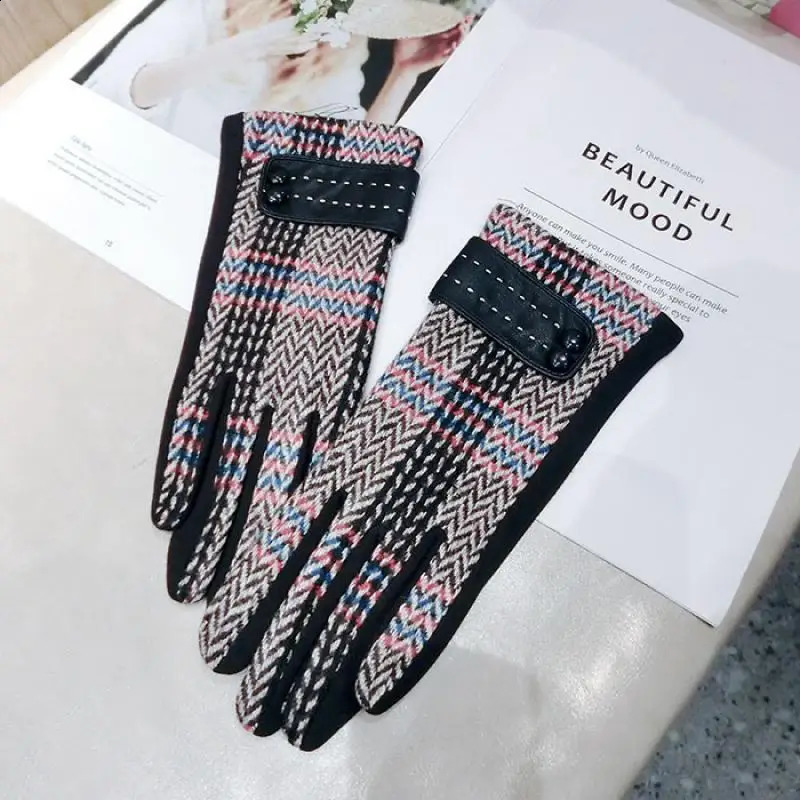Woolen PU Leather Striped Wool Gloves Korean Version Of Autumn And Winter Button Girl Finger Thick Five-finger Gloves 241226