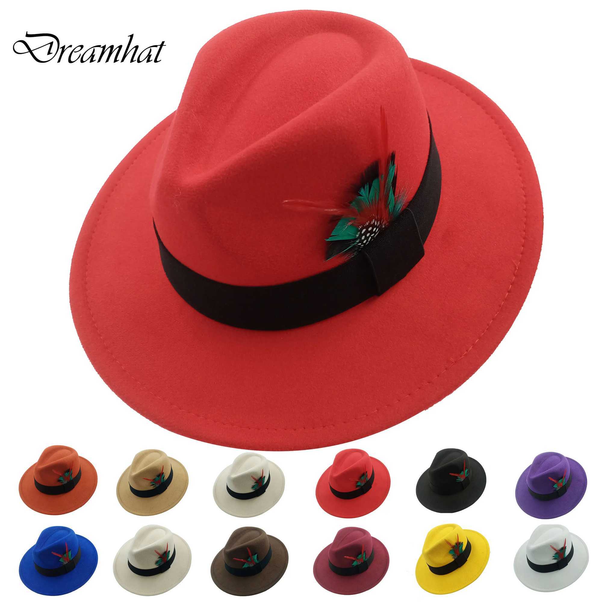 Red Feather Fedoras Mens Hat Spring and Autumn Jazz Hat Fashion Mens and Womens Pendant Church Panama Hat Wide Eaves Wholesale W241225