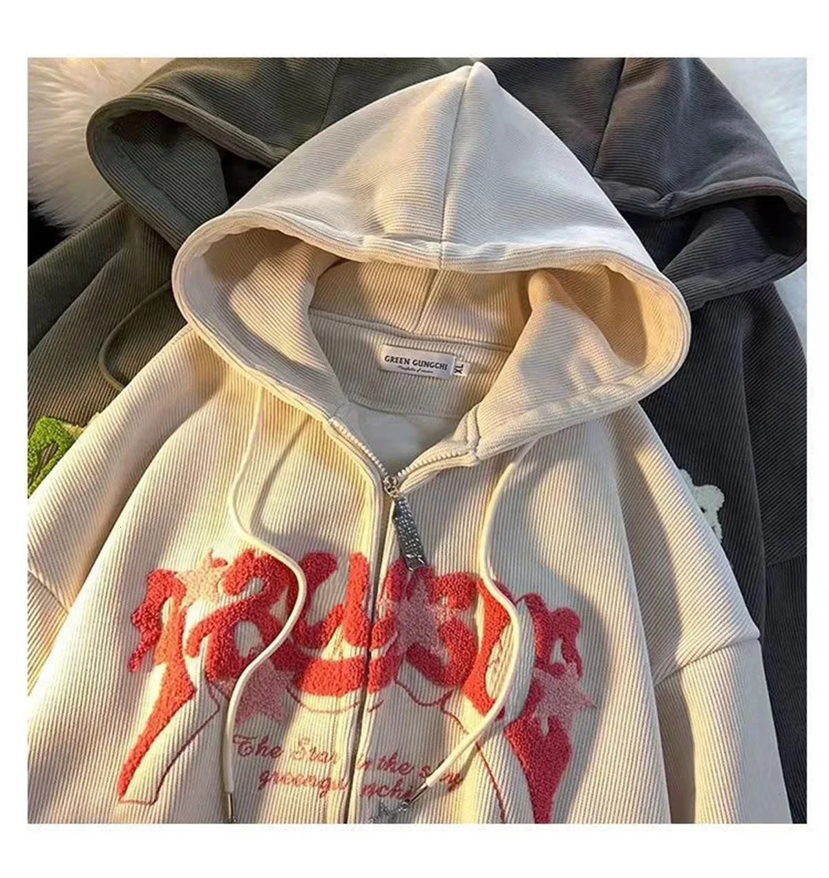 Women Y2K Embroidery Retro Hoodies Autumn Winter Corduroy Zip Up Hoodie Long Sleeve Fashion Loose Graphic Sweatshirt Casual Coat 241225