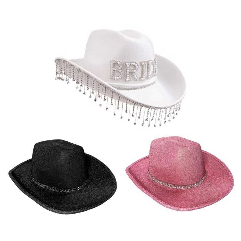 Handmade Wedding Party Bridal Cowboy Hat with Edge Brim Bridal Hat Western Shiny Fedoras Hat Sunscreen W241225