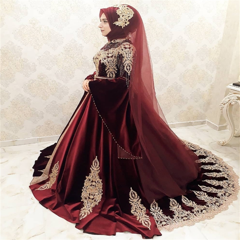 Luxury Burgundy Moroccan kaftan Evening Dress Islamic Turkish Arabic Beaded Prom Dress Appliques Lace Formal Ceremony Arabian Abaya Special Occasion P