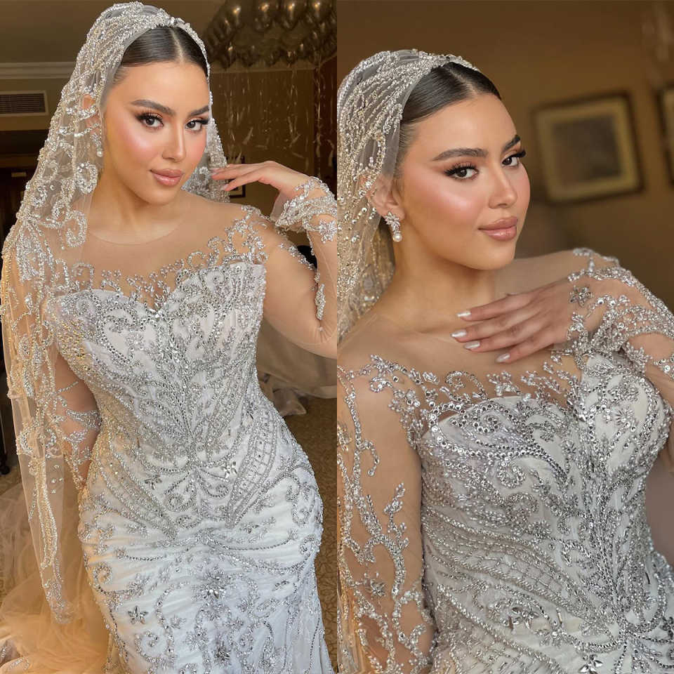 Luxurious Wedding Dress Beading Mermaid Sheer Neck Bridal Gowns Rhinestone Long Sleeves Bride Dresses Customized Plus Size Vestido de novia