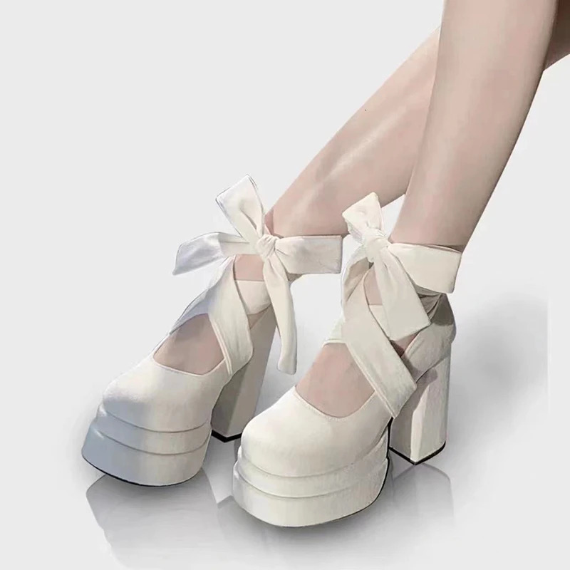 White High Heels Mary Jane Lolita Shoes Women Y2K Chunky Platform Thick Heeled Pumps Woman Diy Ankle Straps Cosplay Shoes 241225