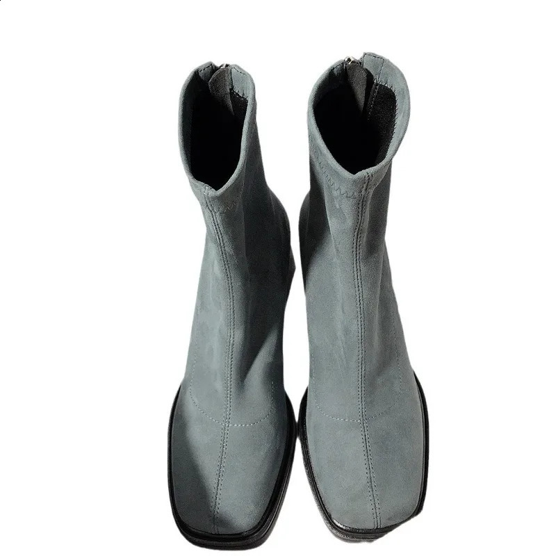Square Toe Women Ankle Boots Elegant High Heels Ladies Back Zippers Suede Short Booties Winter Womens Mordern Footwear 241226