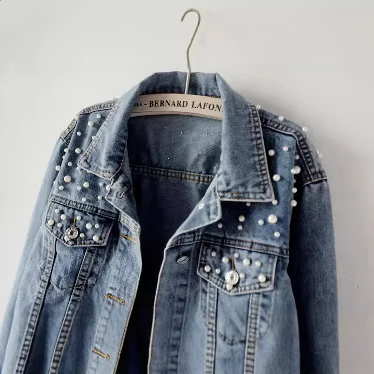 Womens European Style Denim Jacket Plus Size Loose Fit Beaded Embellishment Diamond Overcoat Student Cross-Border Jacket 241223