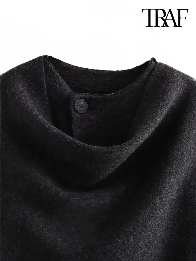 TRAF Womens Fashion Fall Winter Chic Scarf Jacket Long Sleeve Knitted Asymmetric Sexy Split Hem Loose Short 241225