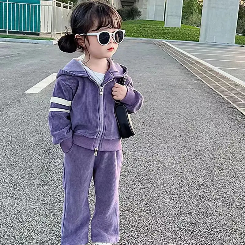 Kids Hooded Set Childrens Cute Fashion Casual Suit Autumn Girls Solid Color Tops Sweatpants Two Pieces 310 Years Old 241225