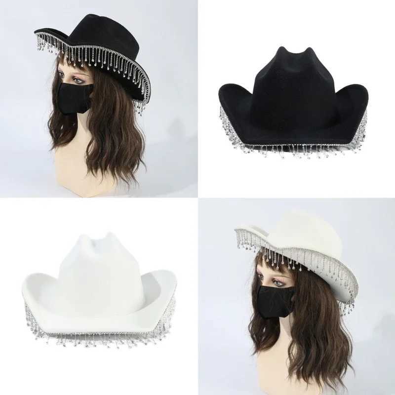 Girls Cowboy Hat Rhine Stone Tassel Sparkling Cowboy Hat Black and White Wholesale W241225