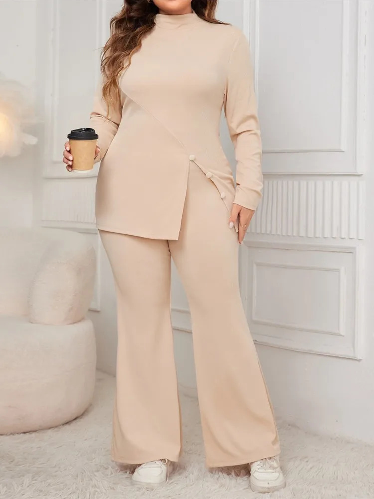Plus Size Autumn Winter 2 Two Piece Set Women Split Fashion Slim Ladies Blouses High Waist Loose Pleated Woman Flared Pants 241220