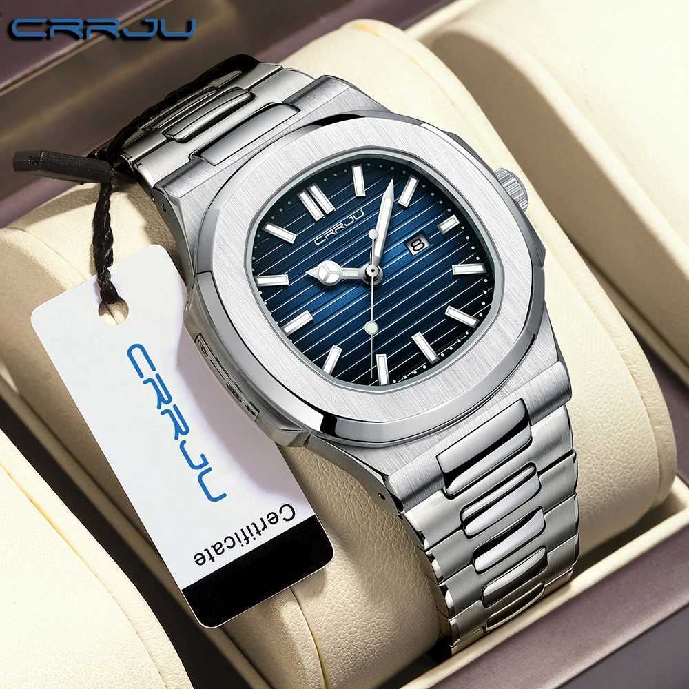 New Arrival CRRJU Luxury Mens Watch Business Stainless Steel Quartz Mens Watch Waterproof Luminous Date Square Mens Watch Z241226