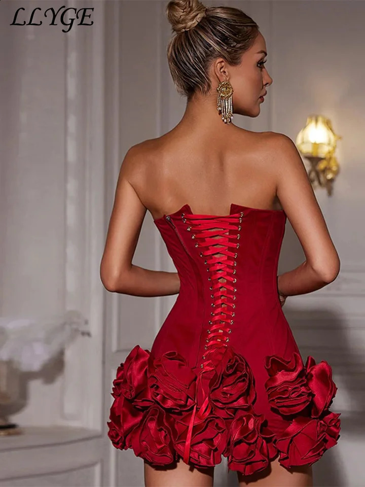 Sexy 3D Flowers Red Short Party Dress Women Adjustable Fishbone Bandage Flower Patchwork Dresses 2025 Strapless Party Club Robes 241226