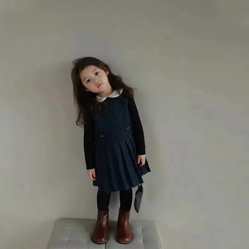 Autumn Winter Little Girl 2PCS Clothes Set Solid Woolen Outerwear Coat Outfits Turn Down Collar Pleated Sundress Baby Suits 241225