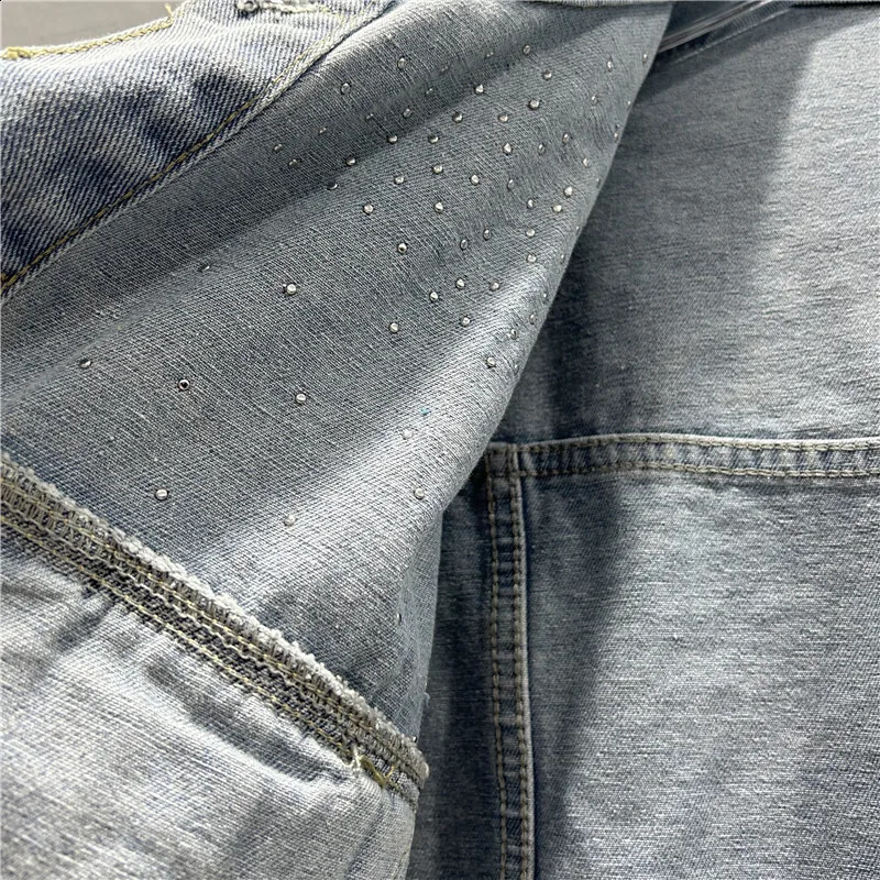 Light Blue Beaded Diamond Short Denim Jacket Women Spring Autumn Casual Lapel Long Sleeve Cow Outerwear Female Streetwear 241223