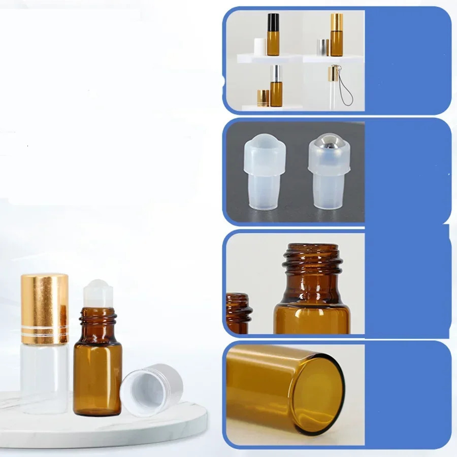 50/100 PCS 5/10ML Amber Roller Ball Essential Glass Oil Bottle Empty Perfume Roller Ball Refillable Liquid Container Makeup Tool 241225