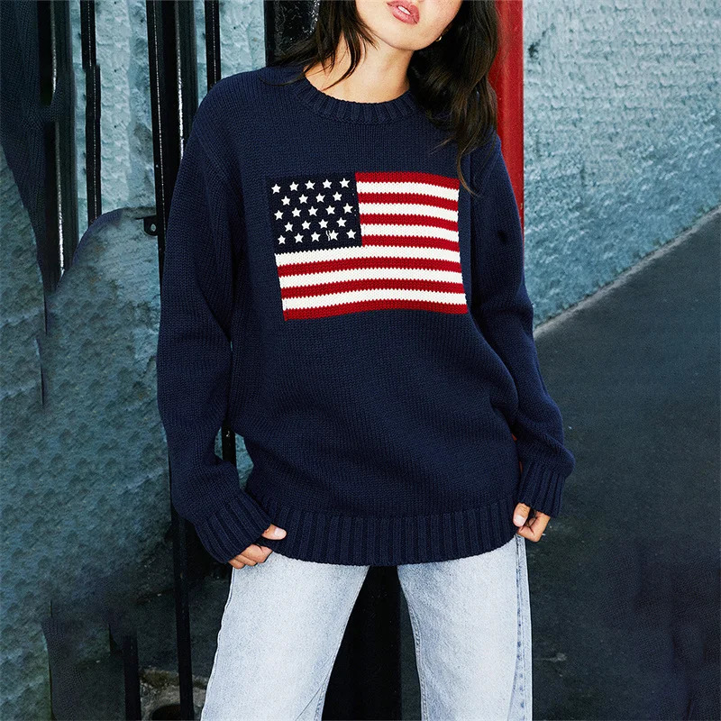 Lamuusaa Women Sweaters y2k Clothing Stripe Flag Print Round Neck Long Sleeve Loose Pullovers Knitted Jumpers Casual Streetwear 241225