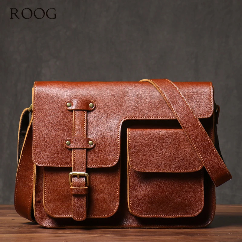 ROOG Mens Real Leather Shoulder Sling Bag High Quality Cowhide Crossbody Vintage Deluxe Weekend Messenger Bags For 12 Inch IPad 241225
