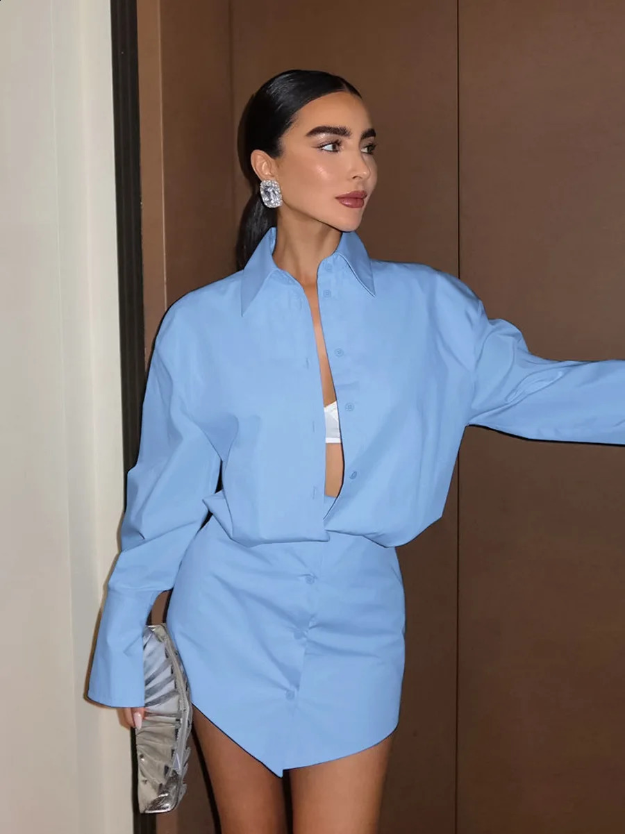 Fashion Blue Shirt Dress Women Elegant Solid Long Sleeve Office Lady Mini Dresses Spring Sexy Pencil Dresses Female 241224