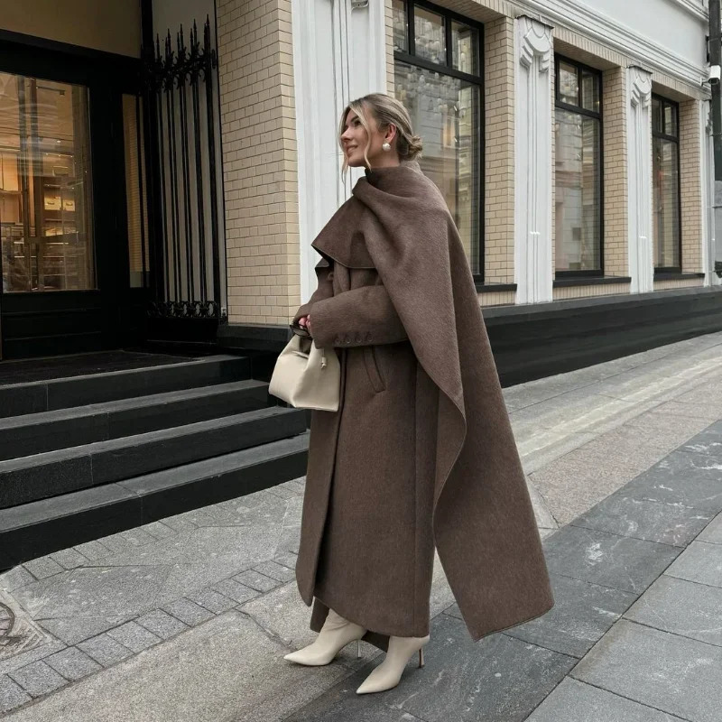 Elegant Vintage Woolen Overcoat For Women Single Breasted Scarf Loose Jacket Pocket Casual Coat 2024 Autumn Lady Outerwear 241225
