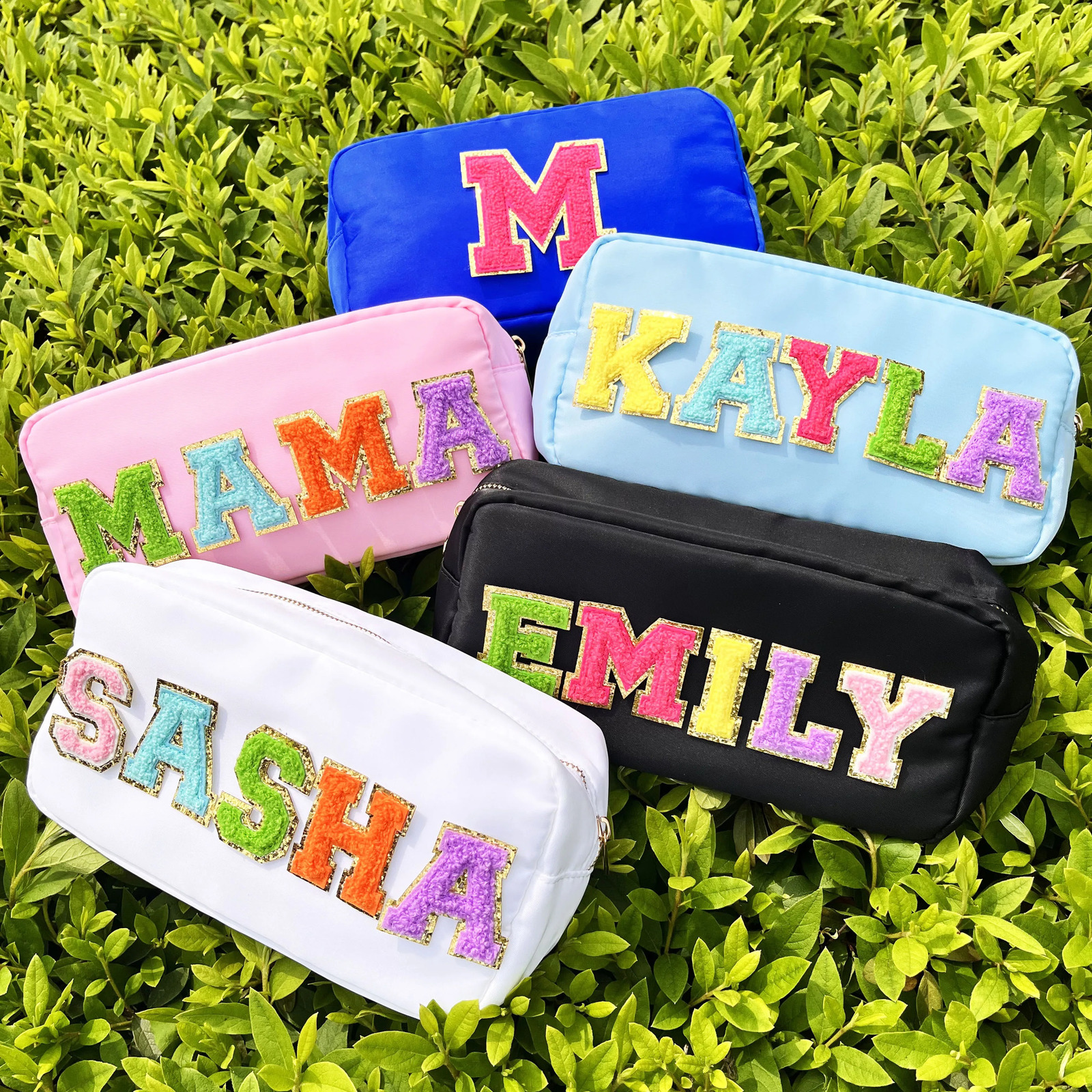 Personalized Chenille Embroidery High Capacity Makeup Bag Nylon--UP TO 5 LETTERS--Waterproof Travel Toiletry Bag for Women Girl 241226