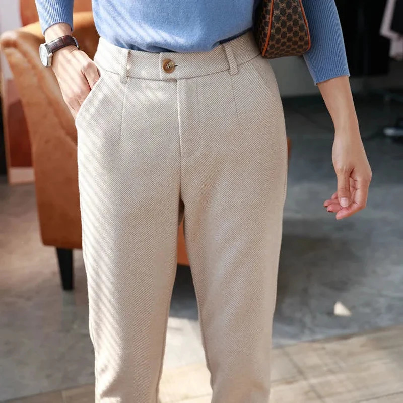 Woolen Pants Harem Pencil 2024 Autumn Winter High Waisted Casual Suit Office Lady Women Trousers 241225