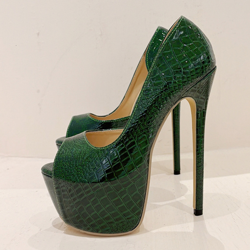 Liyke 2024 New Green Snake Print Leather Platform Pumps Women Sexy Sgback Peep Toe Extreme High Heels Strip Pole Dance Shoes