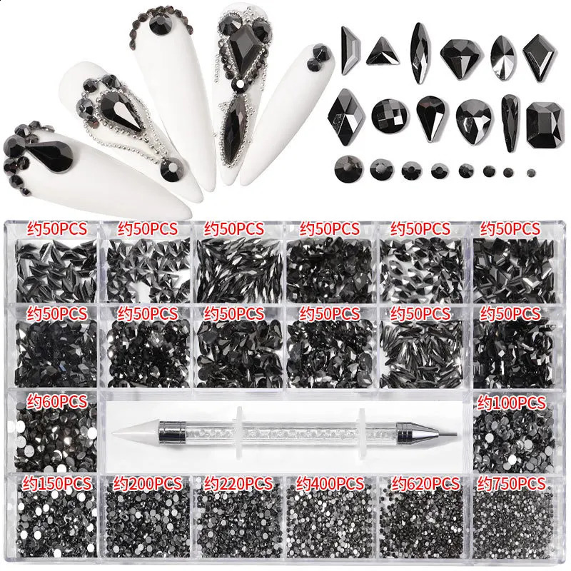 Mine Black Fancy Crystal Nail Rhinestones Nail Parts Gems Stones 3D Flatback Shaped Diamonds Glass Nail Art Decorations 241226